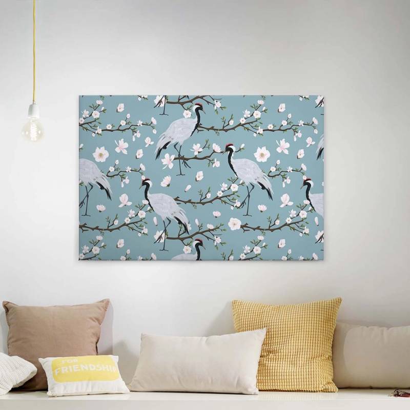 Bricoflor Leinwandbild Mit Kranich Wandbild Mit Vogel Und Kirschblüten In Blau Und Weiß Schlafzimmer Canvas Keilrahmen Bild Im Asiatischen Stil von Bricoflor