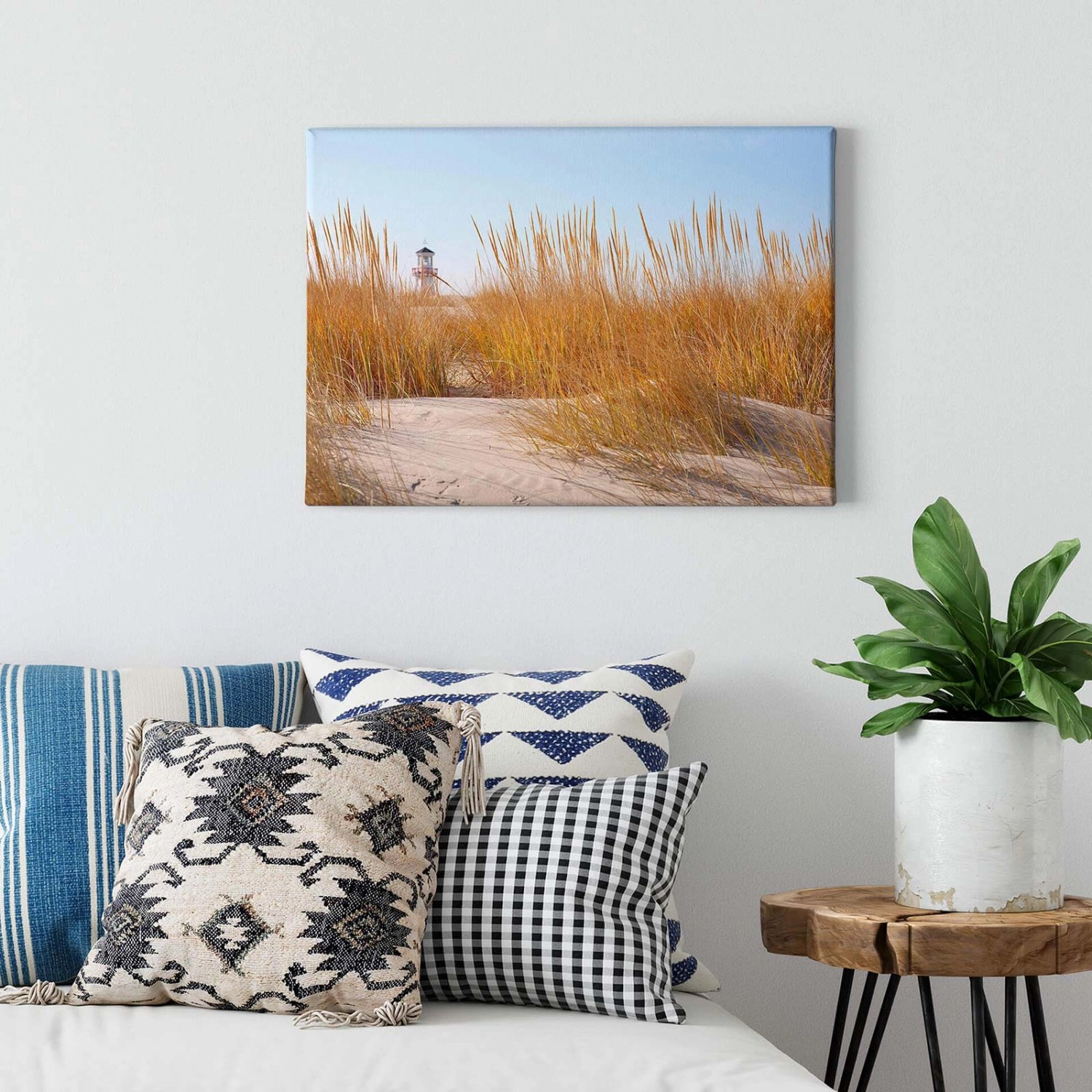 Bricoflor Leinwandbild Mit Strand Und Dünen Keilrahmen Bild Mit Leuchtturm Für Badezimmer Und Schlafzimmer Maritimes Wandbild In Türkis Und Braun von Bricoflor