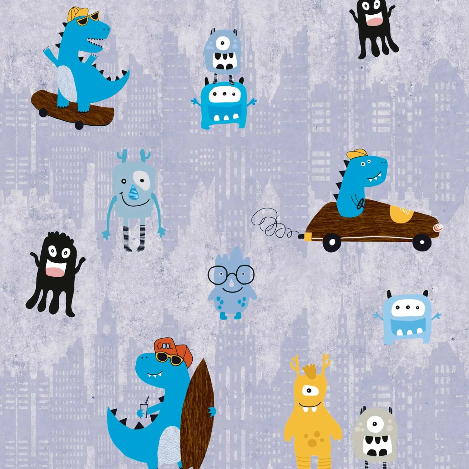 Bricoflor Monster Tapete mit Skateboard Coole Jungentapete mit Dinosaurier in Blau und Grau Dino Vliestapete Ideal für Kinderzimmer Von Jungen von Bricoflor
