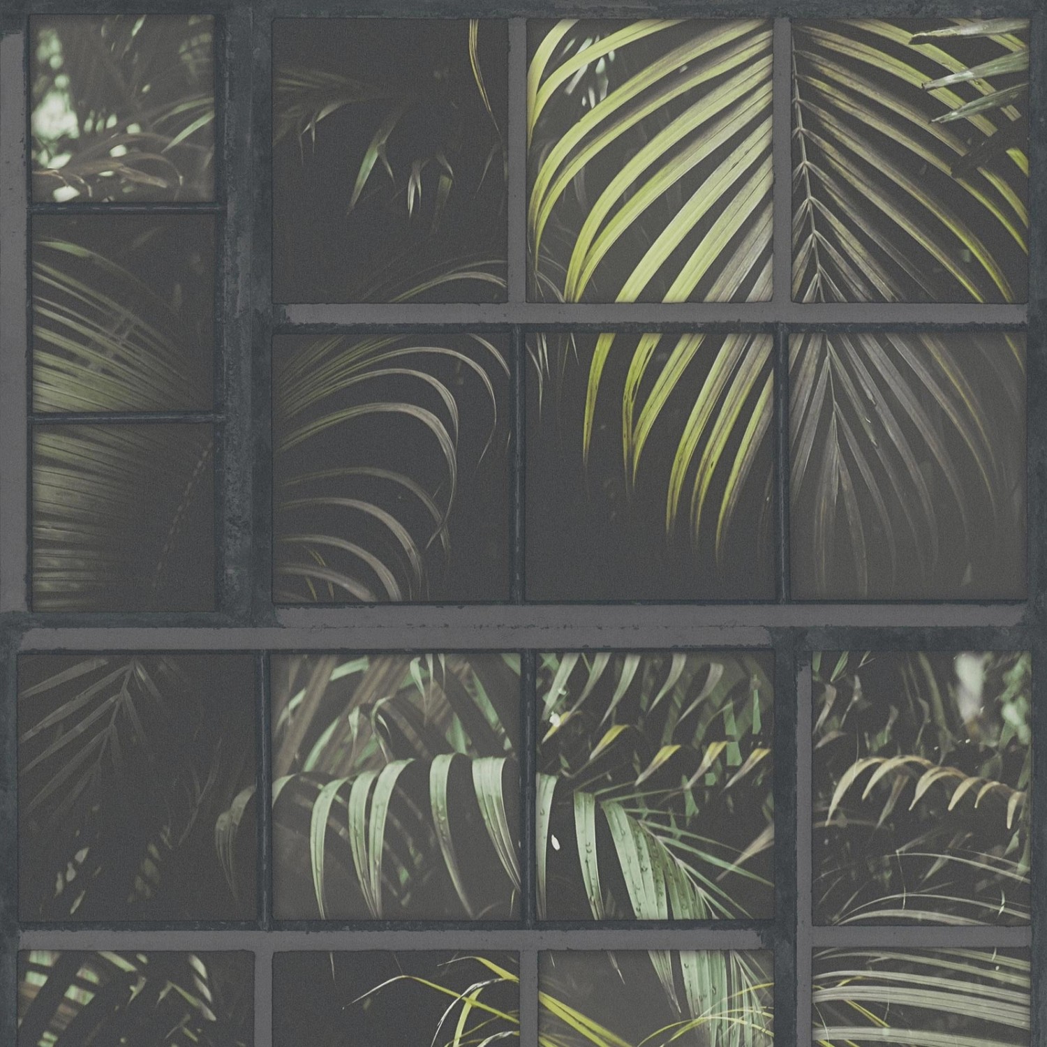 Bricoflor Palmen Tapete in 3D Optik Industrial Vliestapete in Schwarz und Grün Küchen und Wohnzimmer Dschungeltapete mit Fensterblick von Bricoflor