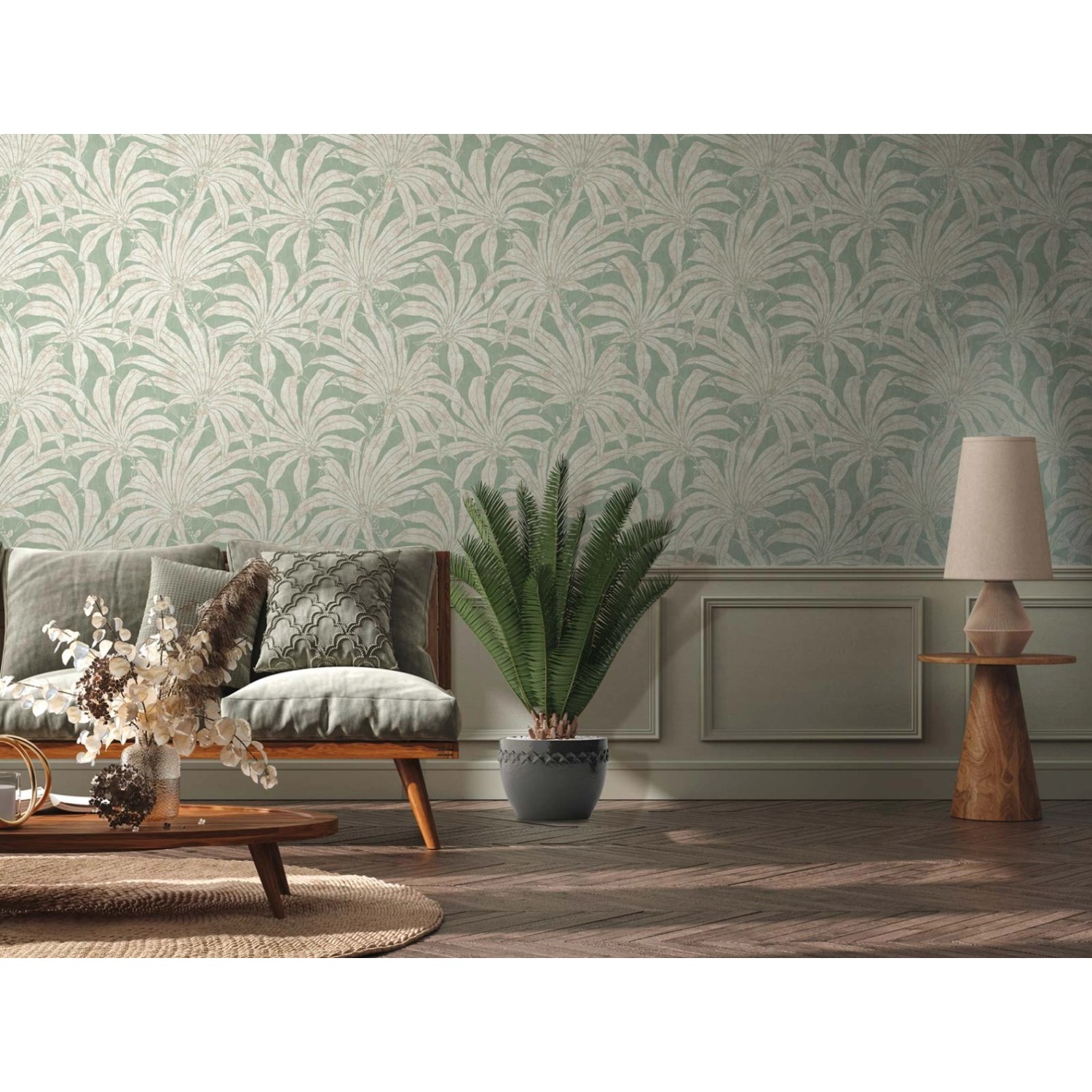 Bricoflor Salbeigrüne Tapete mit Palmen Ideal für Schlafzimmer und Wohnzimmre Metallic Vliestapete mit Blätter Muster in Hellgrün von Bricoflor