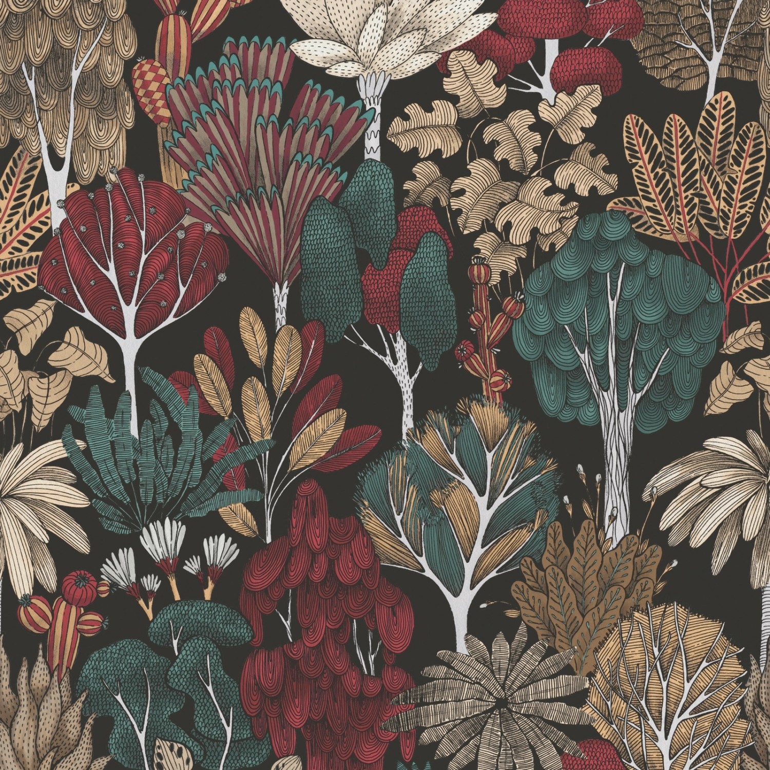 Bricoflor Schwarze Waldtapete Elegante Tapete mit Bäumen in Grün und Rot Wohnzimmer und Esszimmer Vliestapete mit Baum Muster Bricoflor Schwarze Waldtapete Elegante Tapete mit Bäumen in Grün und Rot Wohnzimmer und Esszimmer Vliestapete mit Baum Muster von Bricoflor