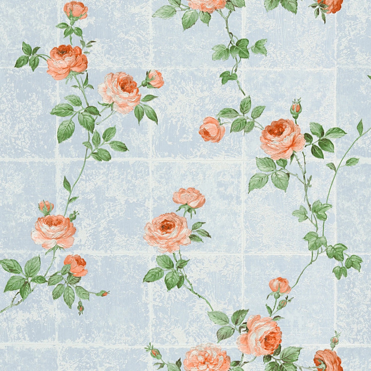 Bricoflor Shabby Chic Tapete mit Rosen Fliesen Vliestapete Rosenmuster in Hellblau Grün und Apricot Vlies Rosentapete in Fliesenoptik für Esszimmer von Bricoflor