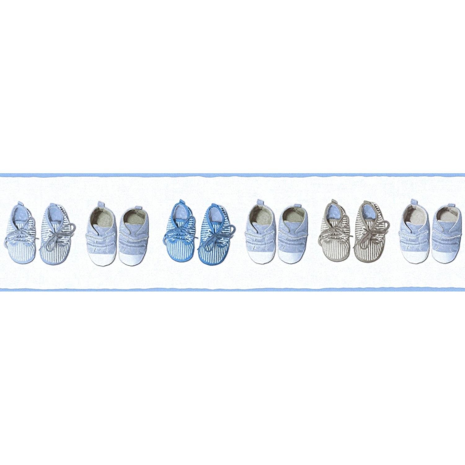 Bricoflor Tapetenbordüre in Blau für Babyzimmer Verspielte Tapeten Bordüre mit Baby Schuhen für Jungenzimmer Vlies Wandbordüre Ideal für Kinderzimmer 30 von Bricoflor