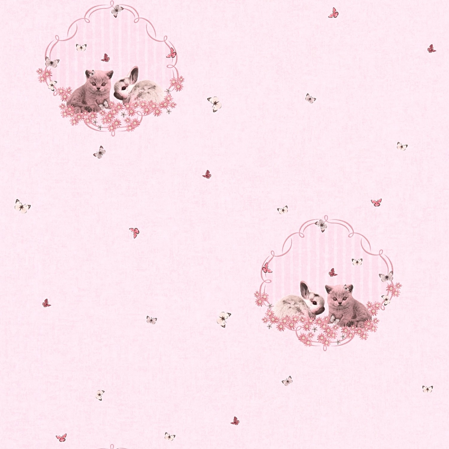 Bricoflor Tier Tapete in Rosa Mädchentapete mit Katzen und Hasen für Kinderzimmer Schmetterling Vliestapete Ideal für Mädchenzimmer von Bricoflor