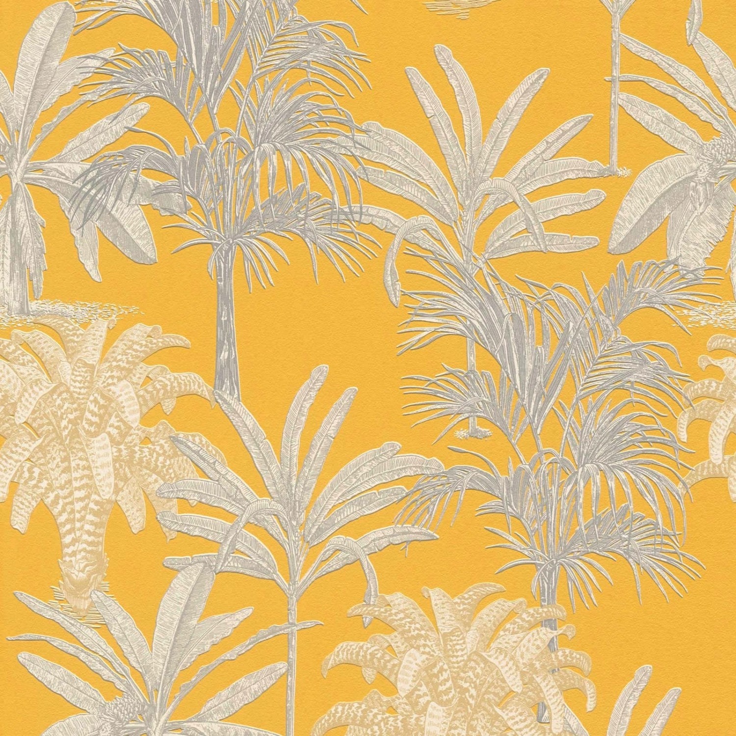 Bricoflor Tropical Tapete Gelb Grau Gelbe Vliestapete mit Palmen Modern für Wohnzimmer und Schlafzimmer Tropische Vlies Palmentapete mit Vinyl von Bricoflor