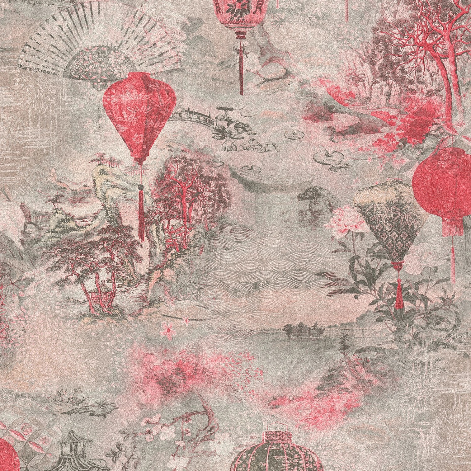 Bricoflor Vintage Tapete im Chinesischen Stil Asiatische Vinyl Tapete mit Lampions und Fächern Landschaft Wandtapete in Grau und Pink für Schlafzimmer von Bricoflor