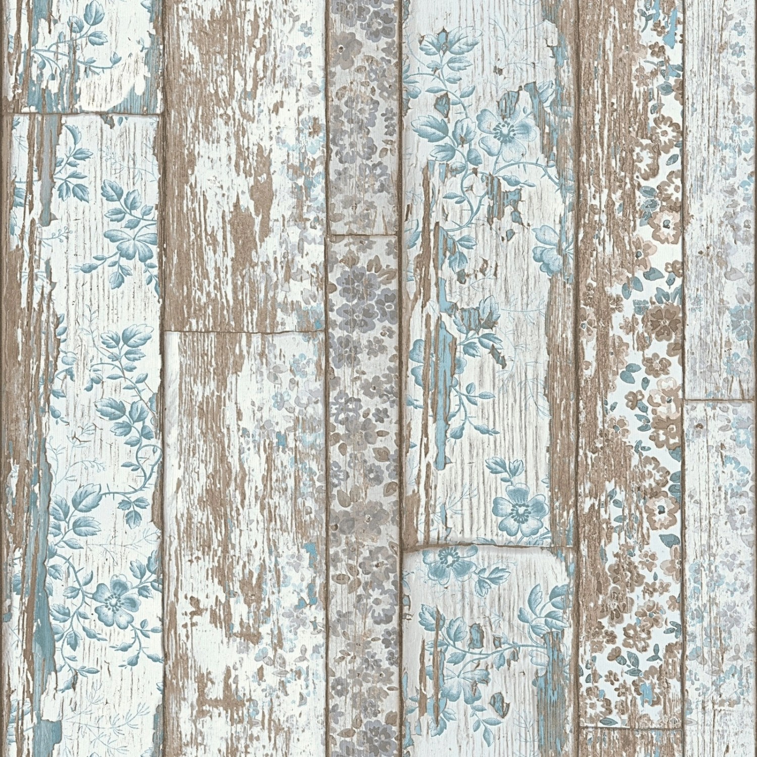 Bricoflor Vintage Tapete in Holzoptik Vliestapete mit Holzbretter Design im Shabby Chic in Braun Blau Vlies Holztapete mit Blumen für Küche und Flur von Bricoflor