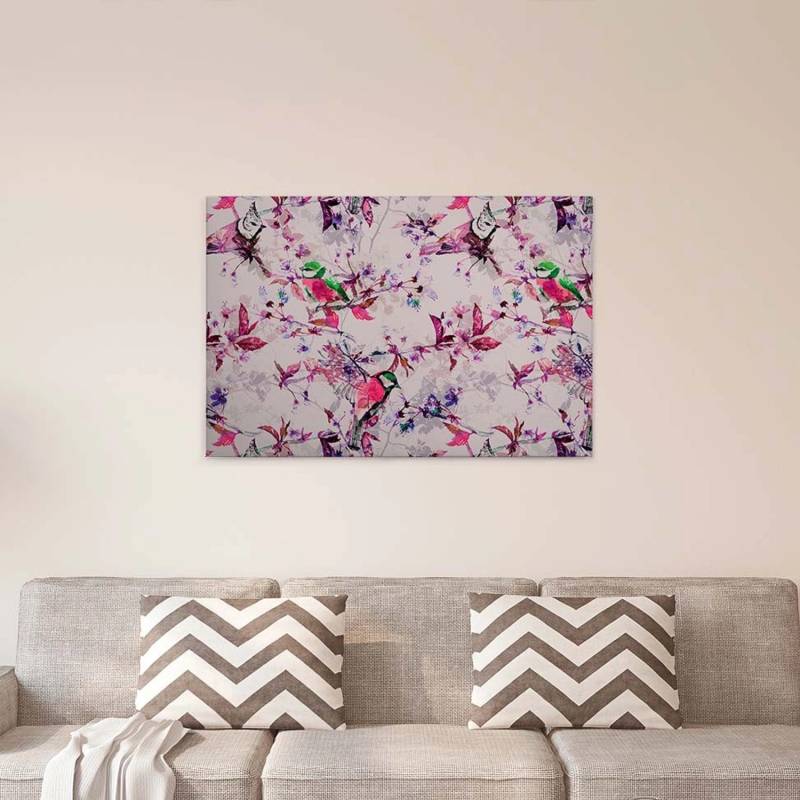 Bricoflor Vogel Bild In Pink Leinwand Bild Mit Vögeln Und Blumen Auf Canvas Lila Wohnzimmer Und Schlafzimmer Bild Auf Keilrahmen Im Querformat von Bricoflor
