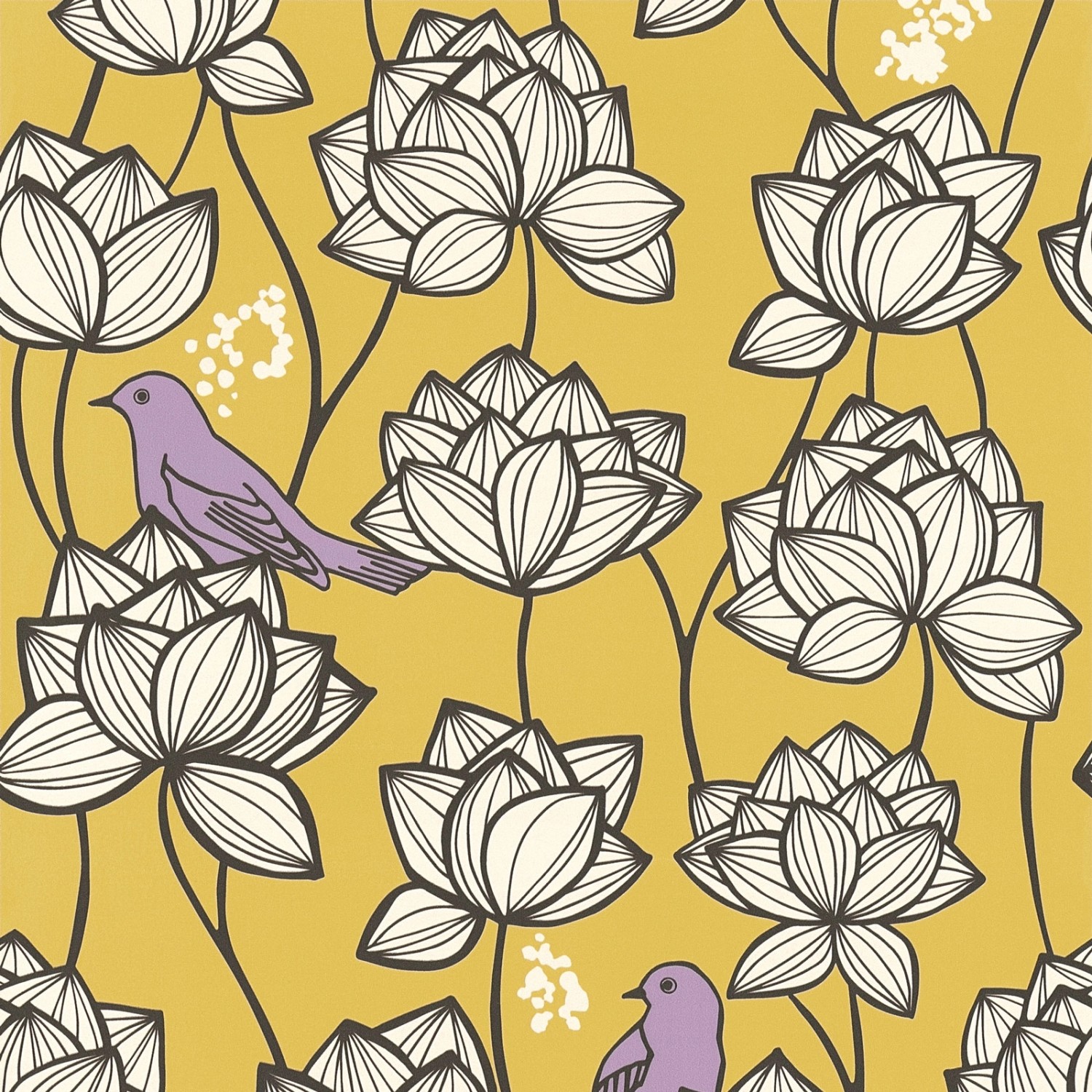 Bricoflor Vogel Tapete in Senf Gelb Skandinavische Blumentapete mit Kolibri in Flieder Lila Moderne Vliestapete mit Muster im 20er Jahre Stil von Bricoflor