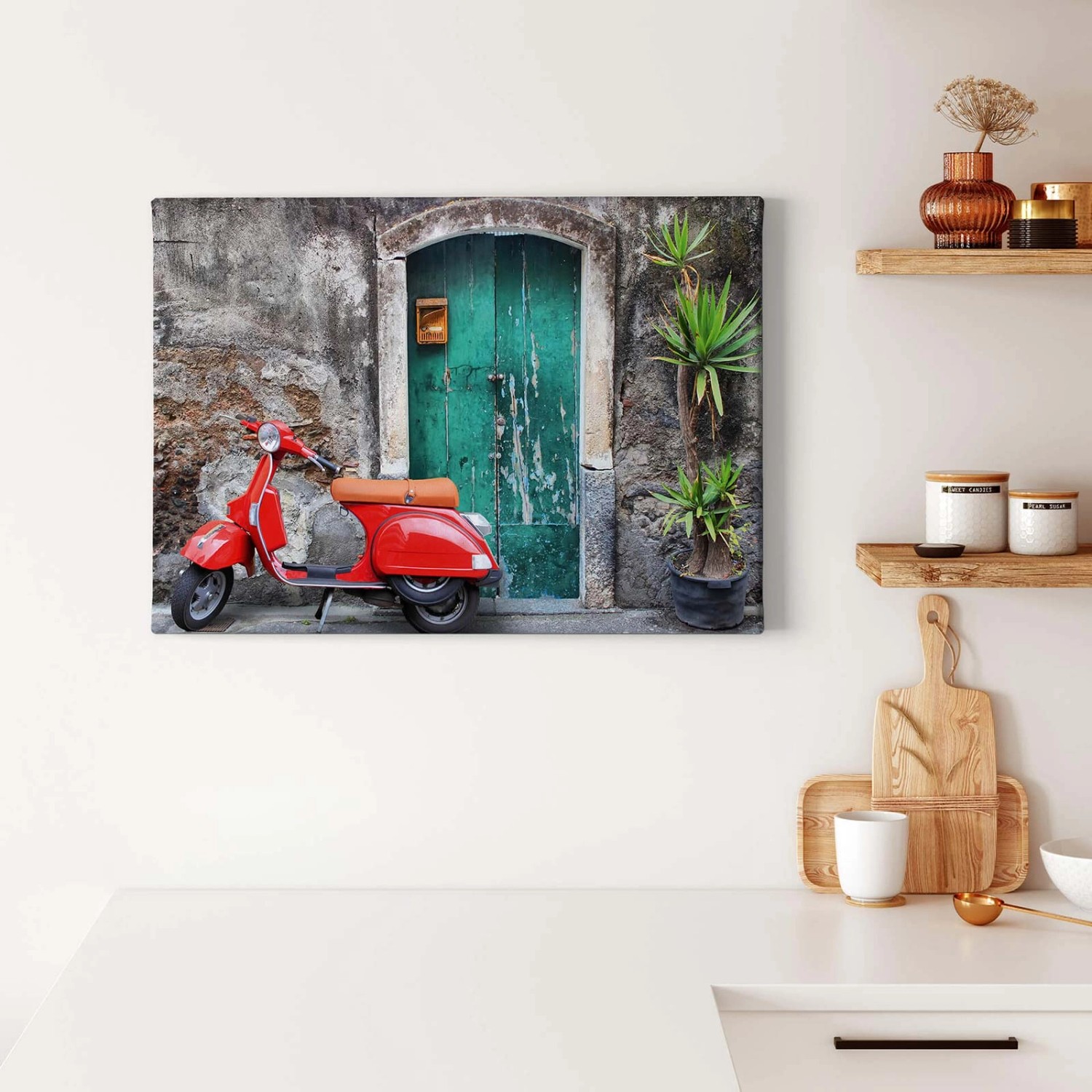 Bricoflor Wandbild Mit Italien Motiv Vintage Leinwand Bild Mit Rotem Roller Leinwand Bild Mit Alter Tür In Türkis Ideal Für Küche Und Flur von Bricoflor