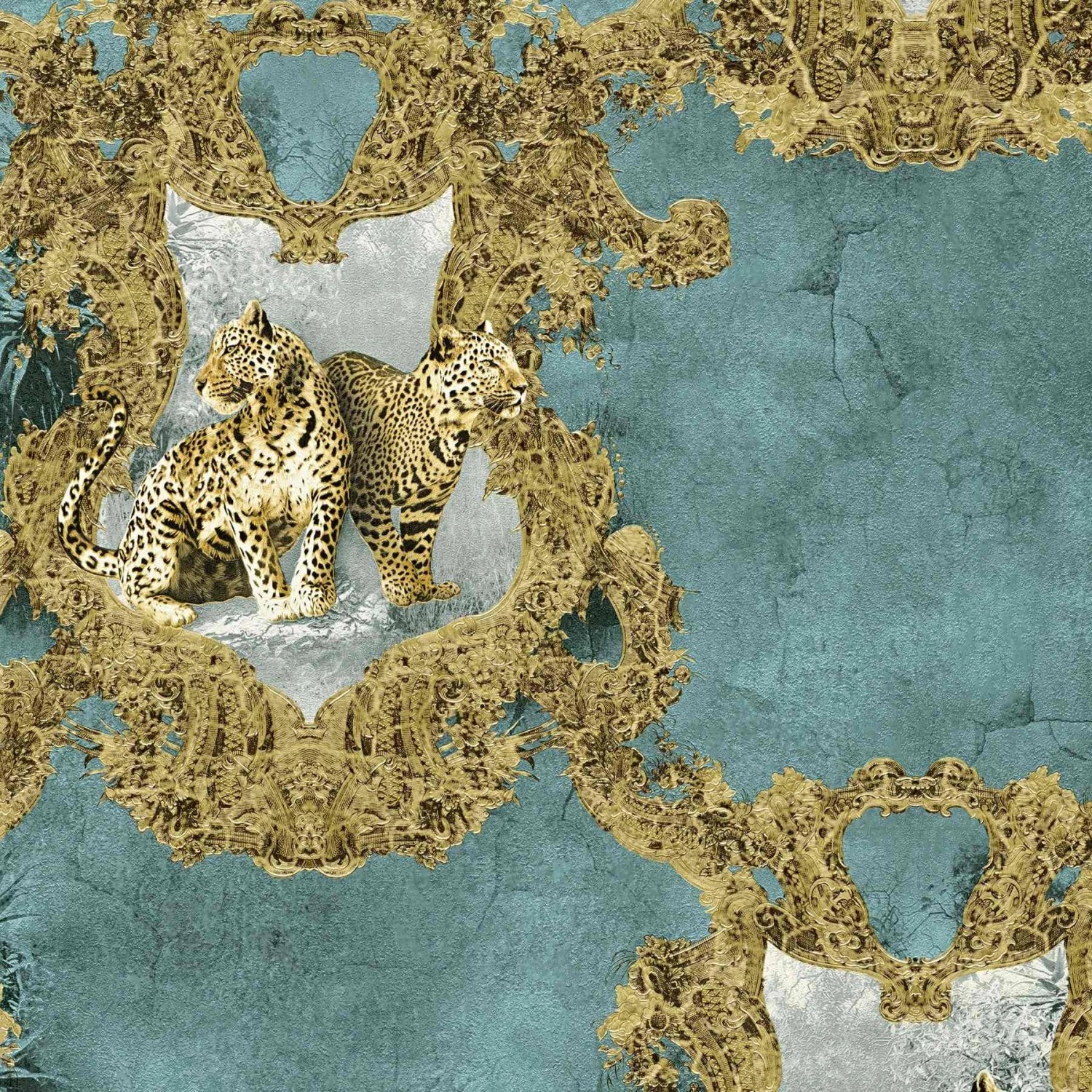 Bricoflor ausgefallene Leoparden Tapete Vlies Wandtapete mit Leopard Ornament in Blau Gold Barock Vliestapete Im Rokoko Stil Opulent für Wohnzimmer von Bricoflor