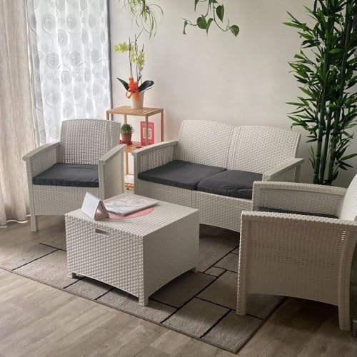 Briconess.com Gartenmöbel-Set aus Kunstharz in Rattan-Optik, 2-Sitzer-Sofa mit zwei Sesseln und einem Tisch, weiß Briconess.com Gartenmöbel-Set aus Kunstharz in Rattan-Optik, 2-Sitzer-Sofa mit zwei Sesseln und einem Tisch, weiß von Briconess.com