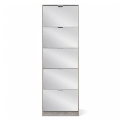 Briconess.com Vertikaler Schuhschrank mit 5 Türen aus Spanplatten, zweifach laminiert, hellgrau mit Spiegel, 60 x 24 x 180 cm von Briconess.com