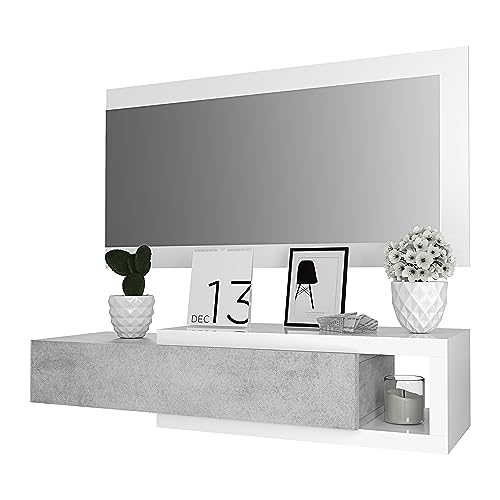 Eingangsmöbel mit Schublade und Spiegel, Farbe Beton und Weiß, Schrank 95 x 19 x 26 cm Spiegel 95 x 50 x 2 cm Schublade 71 x 10 x 25 cm von Bricozone