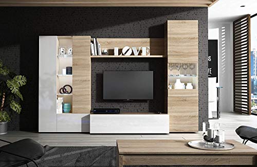 Modulares Wohnzimmermöbel bestehend aus einem niedrigen TV-Ständermodul mit einer Tür, zwei Vitrinen mit drei Türen und LED-Leuchten mit einer zentralen Ablage, Farbe Eiche mit glänzend weißen Einsätzen, 260 x 185 x 42 cm. von Bricozone