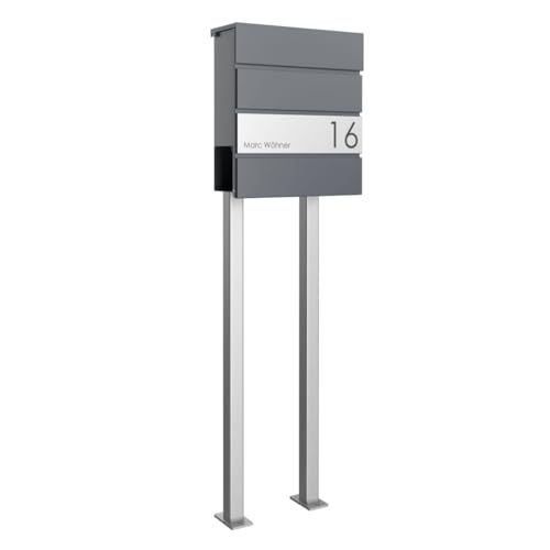 Briefkasten Manufaktur Design Standbriefkasten Kant Edition mit Zeitungsfach - Elegance 1 individuell mit Ihrem Namen & Hausnummer - 120cm Edelstahl-Ständer (RAL 7016 anthrazitgrau) von Briefkasten Manufaktur Lippe GmbH