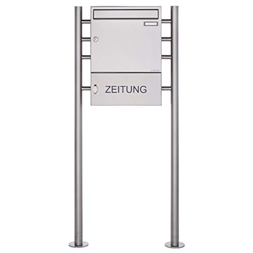 Edelstahl Standbriefkasten Design BASIC 381 ST-R mit Zeitungsfach geschlossen von Briefkasten Manufaktur