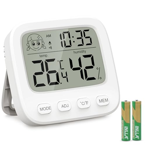 Brifit Mini Thermometer Hygrometer mit Wecker, Mini Raumthermometer innen mit Datumsanzeige und Raumklima-Indikator, Max/Min, Hydrometer Feuchtigkeit digital für Babyzimmer Wohnzimmer Büro Gewächshaus von Brifit