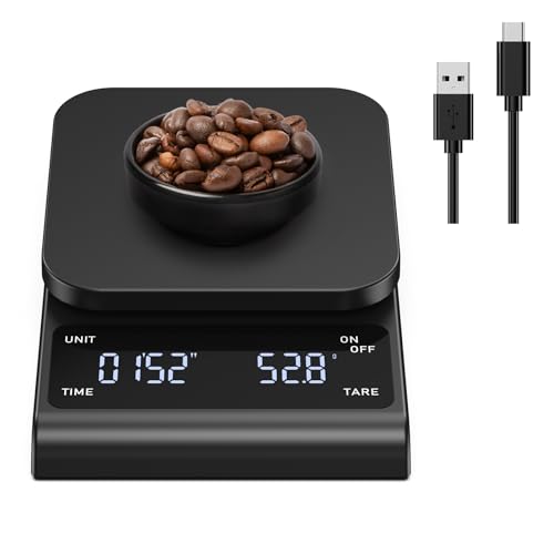 Brifit Kaffeewaage mit Timer, Espresso Waage 3kg/0.1g, Hochpräzise Feinwaage, USB Wiederaufladbare Küchenwaage, Coffee Scale mit LED-Anzeige, Tara Funktion, Auto Aus Funtion von Brifit