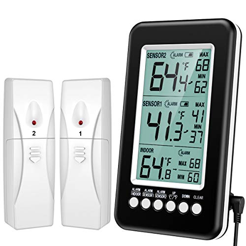 Brifit Kühlschrank Thermometer, Gefrierschrank Thermometer mit 2 Sensor, Kühlschrankthermometer mit Alarmfunktion, MIN/MAX Records, USB/Batterie betrieben, für Küche, Hause, Bars von Brifit