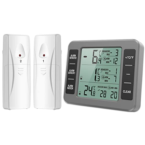 Brifit Thermometer Kühlschrank, Gefrierschrank Thermometer, Kühlschrankthermometer Digital mit 2 Sensoren, Thermometer Innen Außen mit Temperatur Alarm, MIN/MAX, Temperaturtrendanzeige Pfeil - Grau von Brifit