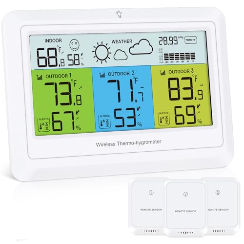 Wetterstation mit 3 Außensensor, Wetterstationen Innen und Außentemperatur mit Wettervorhersage, Temperaturwarnung, Luftdruckanzeige, Dimmbare Farbdisplay, Min/Max, USB/Batteriebetrieb von Brifit