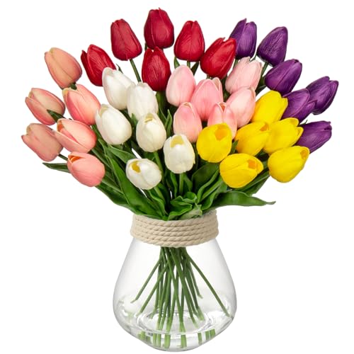24 Stück Tulpen Künstlich Kunstblume Real-Touch Latex Tulpe Blumen Deko Kunstpflanze Länge 34cm für Home Room Hochzeitsstrauß Party Blumengesteck von Briful