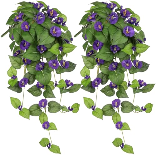 2er Set Künstliche Morning Glory Hängepflanzen – 65 cm Kunstblumen Ranken – Lila Dekoblumen für Balkon, Wand, Fenster, Wohnzimmer, Innenbereich von Briful