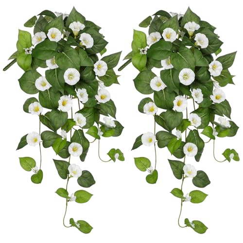2er Set Künstliche Morning Glory Hängepflanzen – 65 cm Kunstblumen Ranken – Weiße Dekoblumen für Balkon, Wand, Fenster, Wohnzimmer, Innenbereich von Briful