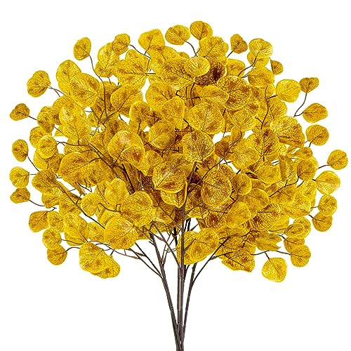 6PCS Kunstzweig Eukalyptus Künstliche Dekozweige, Gold Eukalyptusblätter Herbstdeko für Hochzeit, Tafelaufsatz, Blumenarrangement, Herbst Dekoration von Briful