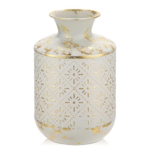 Blumenvase, 26CM Hohe Rustikale Weiß-Goldene Shabby-Chic Metallvase Dekovase für Blumengesteck, Trockenblumen, Esstisch, Büro Dekoration von Briful