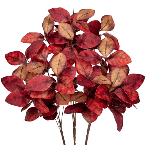 Briful 3er-Set Künstliche Magnolienbüsche – Herbstdeko Kunstzweige Herbstblätter in Weinrot – Seidenblätter für Vase, Kranz & Tischdeko – 40 cm von Briful