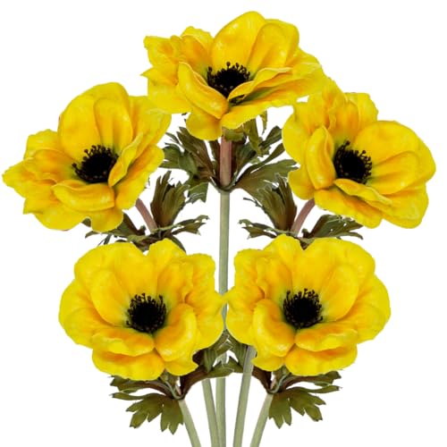 Briful 5er Set Künstliche Anemonen Kunstblumen Wie Echt Kunstzweige Gelbe Frühlingsblumen, Länge 53 cm, Dekoblumen für Blumengesteck Home Resto Büro Dekoration von Briful