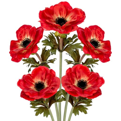 Briful 5er Set Künstliche Anemonen Kunstblumen Wie Echt Kunstzweige Rote Frühlingsblumen, Länge 53 cm, Dekoblumen für Blumengesteck Home Resto Büro Dekoration von Briful