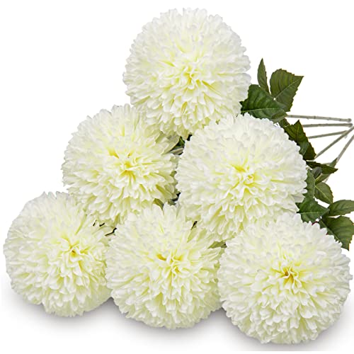 Briful Künstliche Blumen, 6 Stück, große künstliche Blumen, 10.2 cm, Blütenkopf, Seide, künstliche Chrysanthemen, Blumenstrauß, Hortensien, Brautstrauß für Zuhause, Hochzeitsdekoration, cremeweiß von Briful