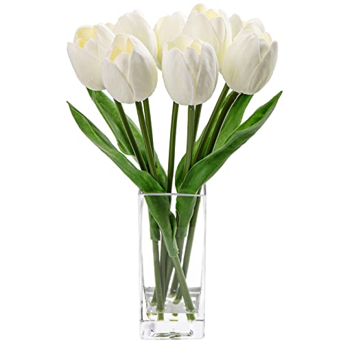 Briful Künstliche Tulpenblumen, weiß, in transparenter Vase, fühlen Sich echt an, Schaumstoff-Tulpenarrangement, geeignet für Zuhause, Büro, Esstisch, Tafelaufsatz von Briful