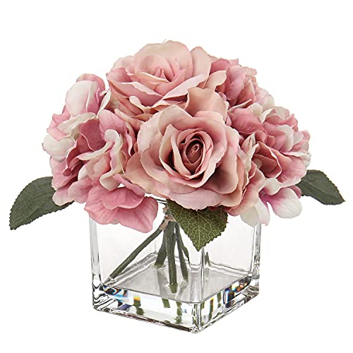 Briful Kunstblume mit Vase Künstliche Rosen Hortensien Kunstrosen Blumengesteck Kunstpflanzen Deko im Glastopf mit Kunstwasser Hochzeitsdeko Fensterbank Tisch Badzimmer Herbst Dekoration Briful Kunstblume mit Vase Künstliche Rosen Hortensien Kunstrosen Blumengesteck Kunstpflanzen Deko im Glastopf mit Kunstwasser Hochzeitsdeko Fensterbank Tisch Badzimmer Herbst Dekoration von Briful