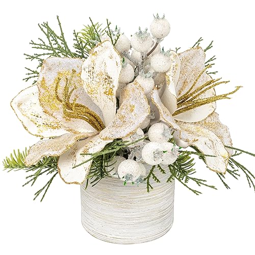 Briful Weihnachtsbaumschmuck, kleines künstliches Weihnachtsarrangement im Topf in Goldtopf mit weißer Kiefer, schneebedeckter und Magnolie, Weihnachtsblumen für Tafelaufsätze, Tisch, Fenster, Briful Weihnachtsbaumschmuck, kleines künstliches Weihnachtsarrangement im Topf in Goldtopf mit weißer Kiefer, schneebedeckter und Magnolie, Weihnachtsblumen für Tafelaufsätze, Tisch, Fenster, von Briful