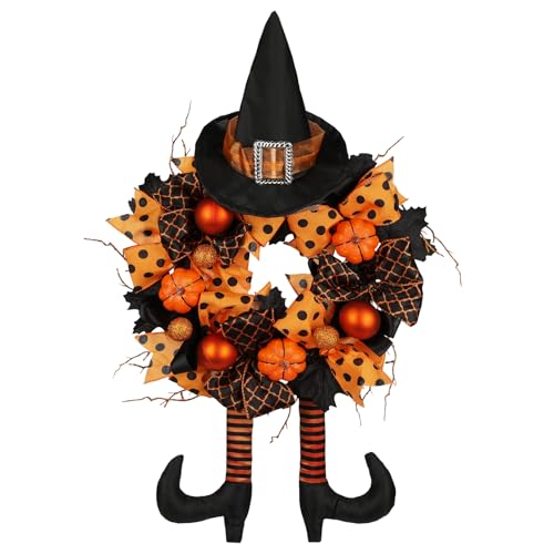 Halloween Türkranz 40 cm – Künstlicher Gruselkranz Tinsel Hexenkranz mit Hut & Beinen Spinne, Kürbis – Schwarze Herbst Türdeko für Halloween Party, Haustür, Fenster & Wand von Briful