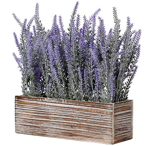 Künstliche Lavendel Blumen Kunstpflanzen Kunstblumen Flocked Kunststoff Lavendel in Rechteck Antik Holztopf Indoor Outdoor Home Küche Büro Tischdekoration Dekor von Briful