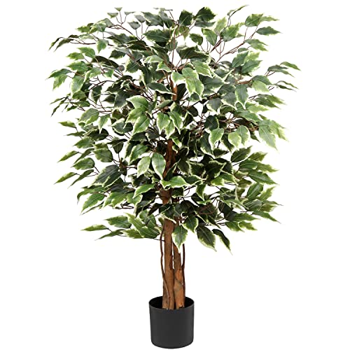 Künstliche Pflanze Groß Kunstbaum Ficus Benjamini Kunstpflanze Baum mit Echtholzstamm Ideal für die Innendekoration Grün Weiß von Briful