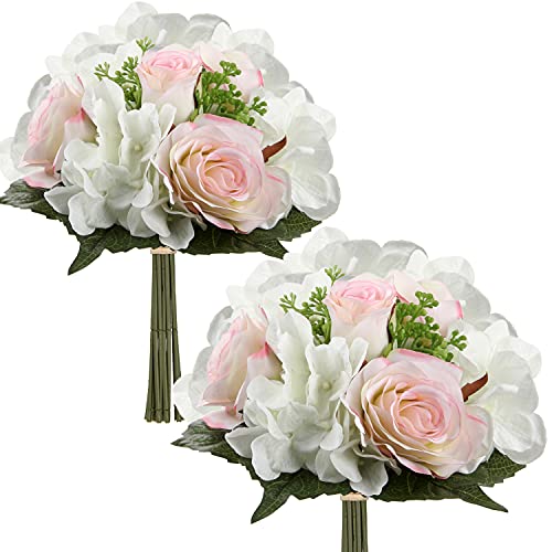 Briful Kunstblume Künstliche Blumenstrauß Kunstpflanze Blumenarrangements 2er Set Hortensie Rosenbouquet Höhe 30cm Dekopflanze für Arrangements Festtags-Tafel o. Hochzeit von Briful