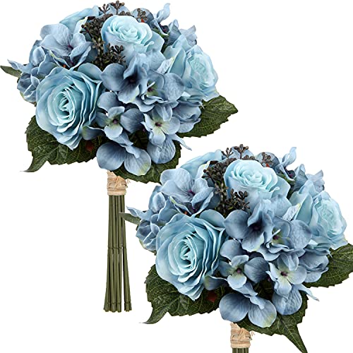 Briful Kunstblume Künstliche Blumenstrauß Kunstpflanze Blumenarrangements 2er Set Hortensie Rosenbouquet Höhe 30cm Dekopflanze für Arrangements Festtags-Tafel o. Hochzeit von Briful