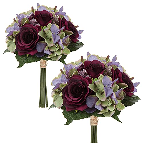 Briful Kunstblume Künstliche Blumenstrauß Kunstpflanze Blumenarrangements 2er Set Hortensie Rosenbouquet Höhe 30cm Dekopflanze für Arrangements Festtags-Tafel o. Hochzeit von Briful