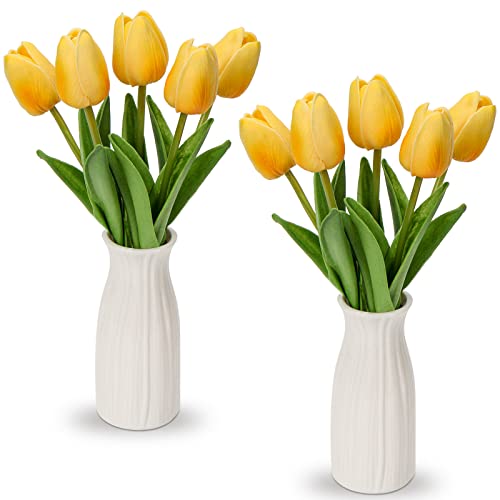 Kunstblumen Künstliche Tulpen Blumen Wie Echt Real Touch Tulpen, Höhe 30 cm, mit Vase aus Keramik, Deko Kunstpflanze (Gelb) von Briful