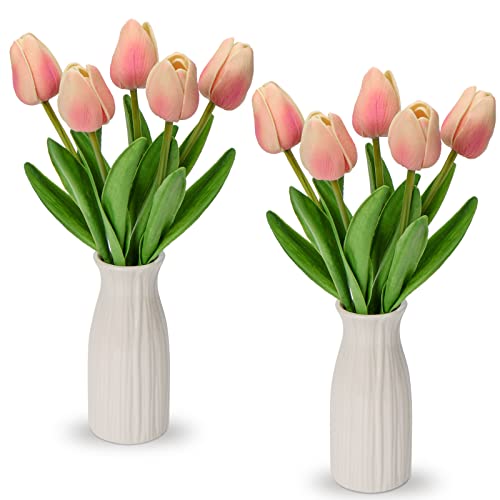 Kunstblumen Künstliche Tulpen Blumen Wie Echt Real Touch Tulpen, Höhe 30 cm, mit Vase aus Keramik, Deko Kunstpflanze (Light Rosa) von Briful