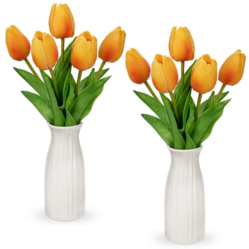 Kunstblumen Künstliche Tulpen Blumen Wie Echt Real Touch Tulpen, Höhe 30 cm, mit Vase aus Keramik, Deko Kunstpflanze (Orange) von Briful