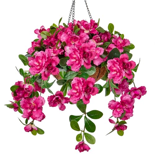 Kunstblumen Wie Echt Hängegeranie Hängende Pflanzen Künstliche Blumen Rhododendron mit Hängeampel, Höhe 70 cm, Zimmerpflanze Busch Dekopflanze Grünpflanze von Briful