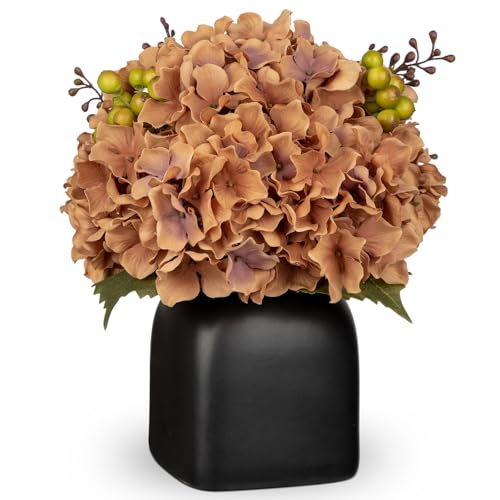 Kunstblumen Wie Echt Künstliche Hortensien DarkSalmon Dekoblumen mit Beeren in Schwarzer Keramikvase Blumengesteck für Büro Resto Wohnzimmer Badzimmer Herbst Dekoration von Briful